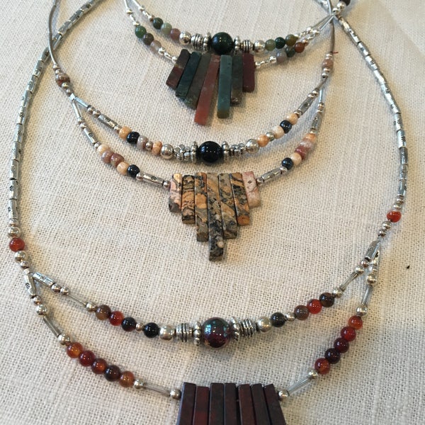 Santa Fe style fan necklace with assorted gemstones and silver