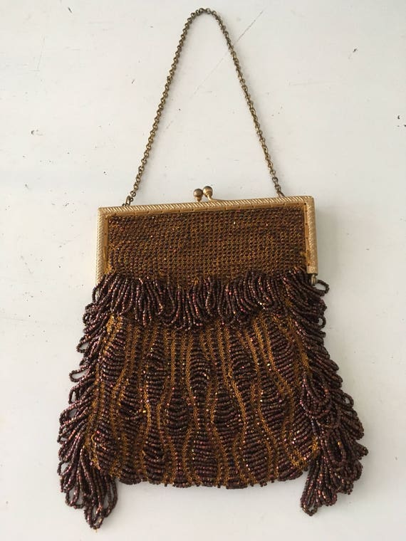 1920's-1930's Bronze, Crochet, Beaded Purse