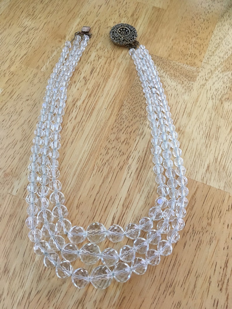 Art Deco Triple Strand Rock Crystal Necklace