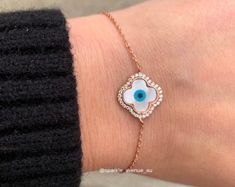 Sterling Silver Rose Gold Evil Eye Mother of Pearl Bracelet / Silver Rose Gold Evil Eye Good Luck Bracelet / Lucky Evil Eye Bracelet