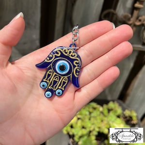 Evil Eye Hamsa Charm / Gold Blue Evil Eye Hamsa Hand Good Luck Keyring/ Hand Of Miriam Fatima Turkish Eye Amulet / Evil Eye Hamsa Keyring