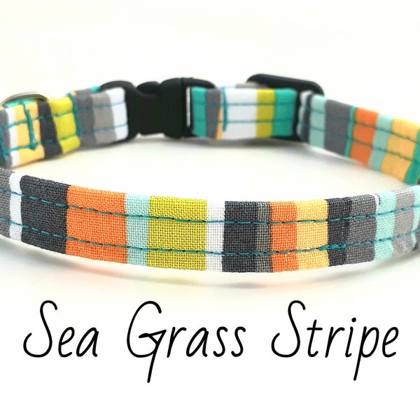Cat Collar - Seagrass Stripe -  Beach Cat Collar - Bell Cat Collar - Charm Cat Collar - Breakaway Cat Collar - Safety Collar