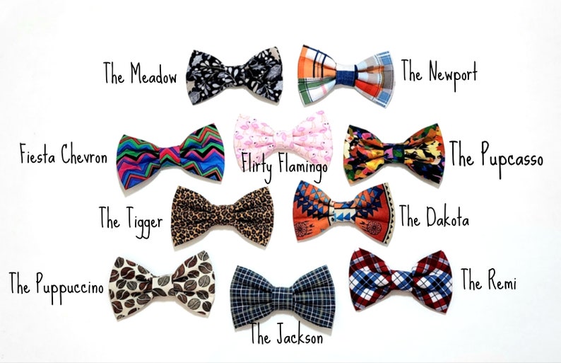 May include: Twelve different bow ties with various patterns and colors, including a black and white leopard print, a pink flamingo print, a blue and green chevron pattern, and a brown and white coffee bean print. The bow ties are arranged in three rows of four, with the names of each bow tie written below them.