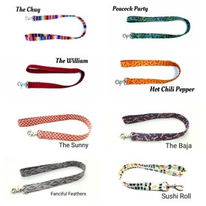 May include: Assortment of colorful dog leashes with various patterns, including "The Chuy", "Peacock Party", "The William", "Hot Chili Pepper", "The Sunny", "The Baja", "Fanciful Feathers", and "Sushi Roll".