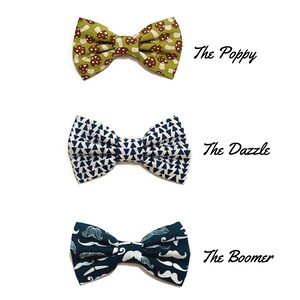 May include: Three bow ties with different patterns. The first bow tie is green with brown mushrooms, labeled "The Poppy". The second bow tie is white with navy blue triangles, labeled "The Dazzle". The third bow tie is dark blue with white mustaches, labeled "The Boomer".