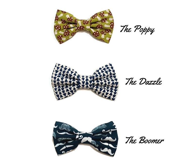 May include: Three bow ties with different patterns. The first bow tie is green with brown mushrooms, labeled "The Poppy". The second bow tie is white with navy blue triangles, labeled "The Dazzle". The third bow tie is dark blue with white mustaches, labeled "The Boomer".