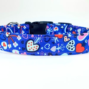 May include: A blue dog collar with a repeating pattern of hearts, flowers, and other shapes in red, white, and pink. The collar has a black plastic buckle and a silver metal ring for attaching a leash. The collar is designed for pets.