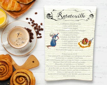 May include: A vintage-style recipe card for Ratatouille with a cartoon rat illustration. The recipe includes ingredients like eggplant, zucchini, tomatoes, and garlic. It also includes instructions for preheating the oven to 375 degrees Fahrenheit and cooking time.