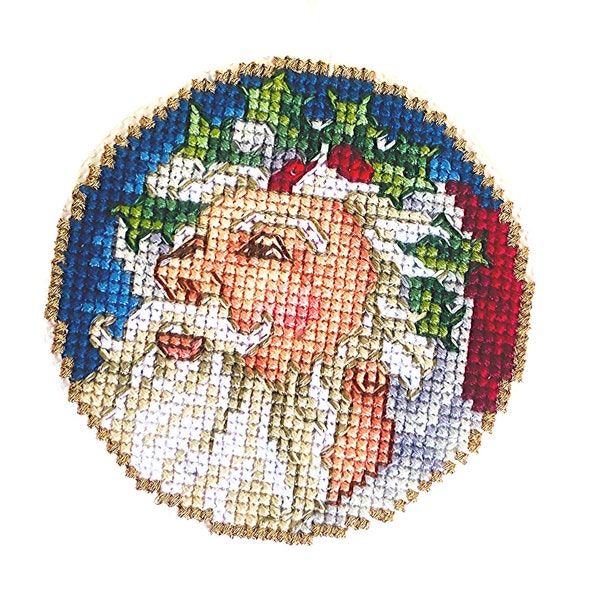 Santa Christmas ornament, counted cross stitch ornament, finished embroidery home decor, Christmas tree decor, handmade holiday gift