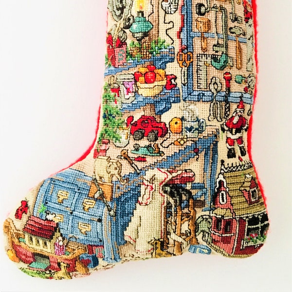Cross Stitch Christmas Stocking//Finished//Handmade//Santa's Workshop