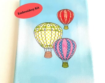 DIY needlepoint kit, hot air balloon printed canvas kit, easy beginner embroidery, modern hand embroidery kit, craft kit