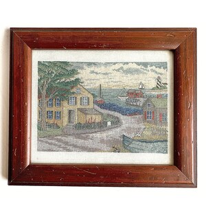 Counted cross stitch landscape art, coastal cross stitch picture, nautical embroidery wall decor, beach wall art, finished wall hanging