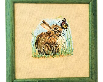 Bunny picture, counted cross stitch nature picture, finished needlework embroidery picture, spring rabbit wall decor, animal embroidery