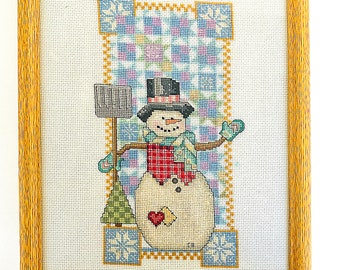 Snowman cross stitch picture, handmade embroidery finished picture, framed art work, counted cross stitch wall decor, winter wall art