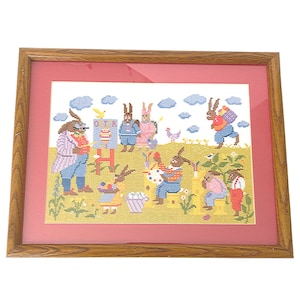 Handmade cross stitch bunny picture, framed picture easter cross stitch, counted cross stitch spring decor, rabbit embroidery, home decor