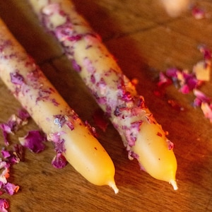 Hand Dipped Besswax Taper Candle with Rose Petals