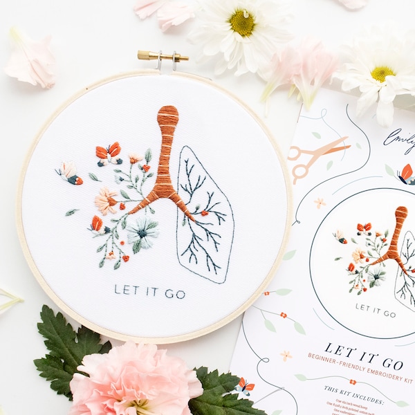 Let It Go Floral Lung Embroidery Kit | Mental Health Craft | Floral Anatomy | Beginner Embroidery | Easy Embroidery | Breathe Embroidery