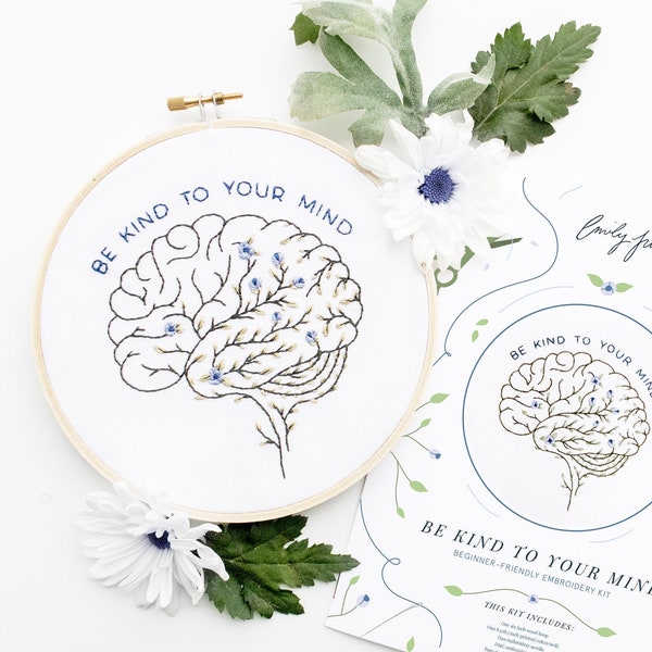 Be Kind to Your Mind Floral Brain Embroidery Kit | Mental Health Craft | Floral Anatomy | Beginner Embroidery | Easy Embroidery