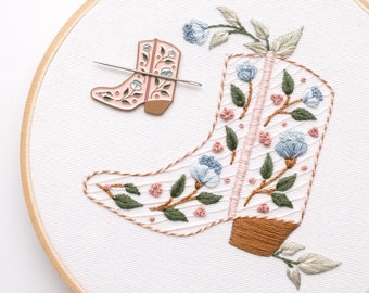 Floral Cowboy Boot Hand Embroidery Kit and Pink Floral Cowboy Boot Needle Minder Embroidery Bundle