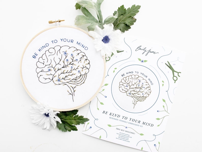 Floral Brain Be Kind to Your Mind Embroidery Art Kit Mental Etsy
