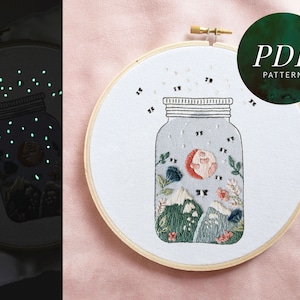 Magic Hand Embroidery Pattern | Firefly Fairy Jar | Embroidery Kit Mountain | Beginner Embroidery | Glow in the Dark Embroidery