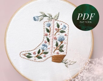 Floral Cowboy Boot Hand Embroidery Pattern, Southwest Beginner-Friendly Hand Embroidery Pattern