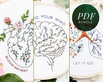 Mental Health Embroidery Bundle | Lungs Embroidery | Brain Embroidery | Heart Embroidery | Anatomical Floral Embroidery Pattern