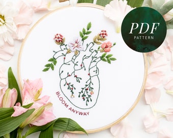 Floral Heart Beginner Embroidery Pattern | Mental Health Craft | Anatomical Heart Embroidery
