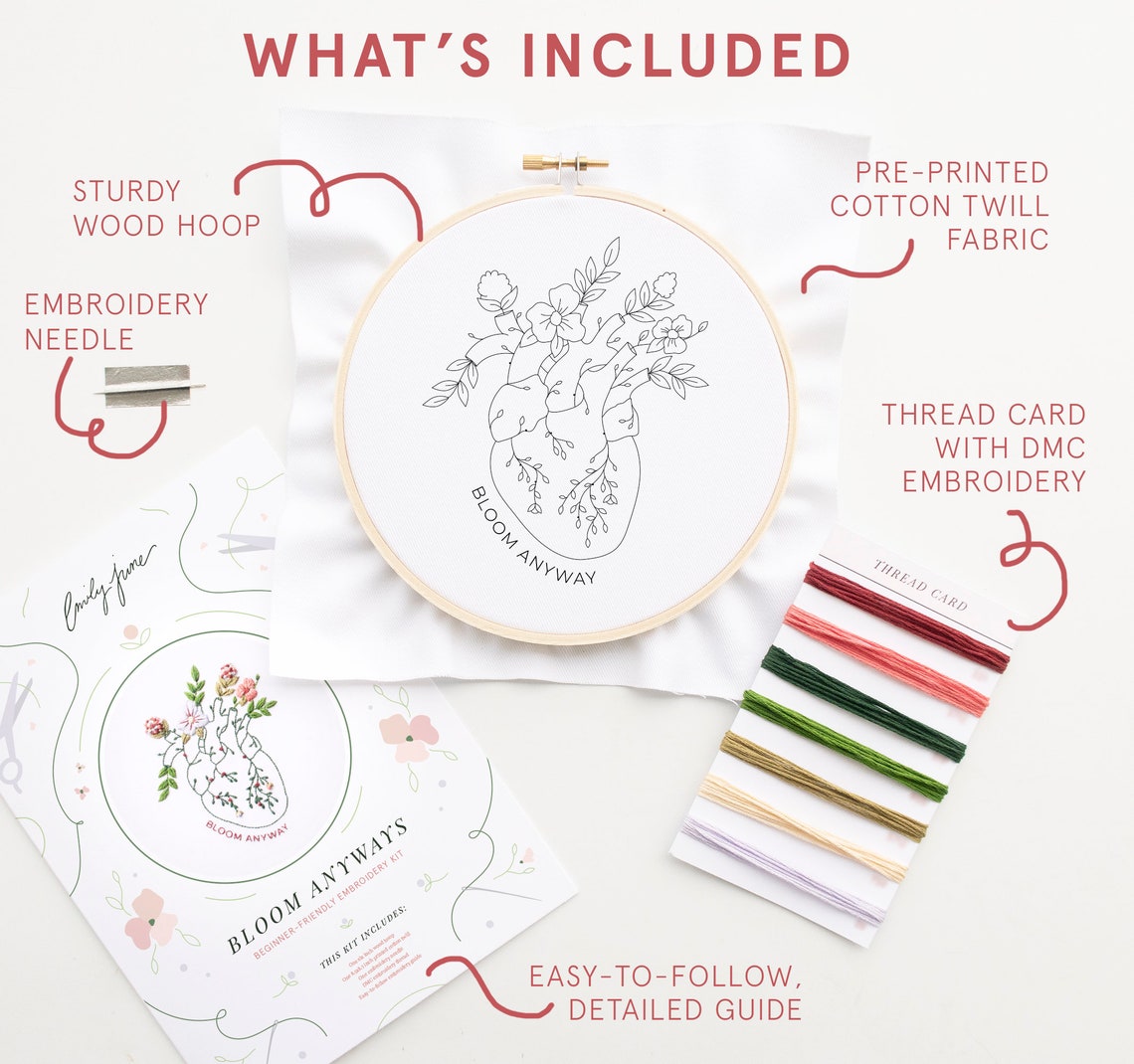 Floral Heart Embroidery Art Kit Mental Health Embroidery Kit Etsy
