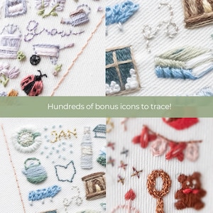 May include: A collection of embroidery patterns featuring various icons, including a ladybug, a watering can, a window, a house, a teapot, a cloud, a bottle, a fireplace, a bear, and a magnifying glass. The patterns are stitched on white fabric and are perfect for cross-stitch or embroidery projects.