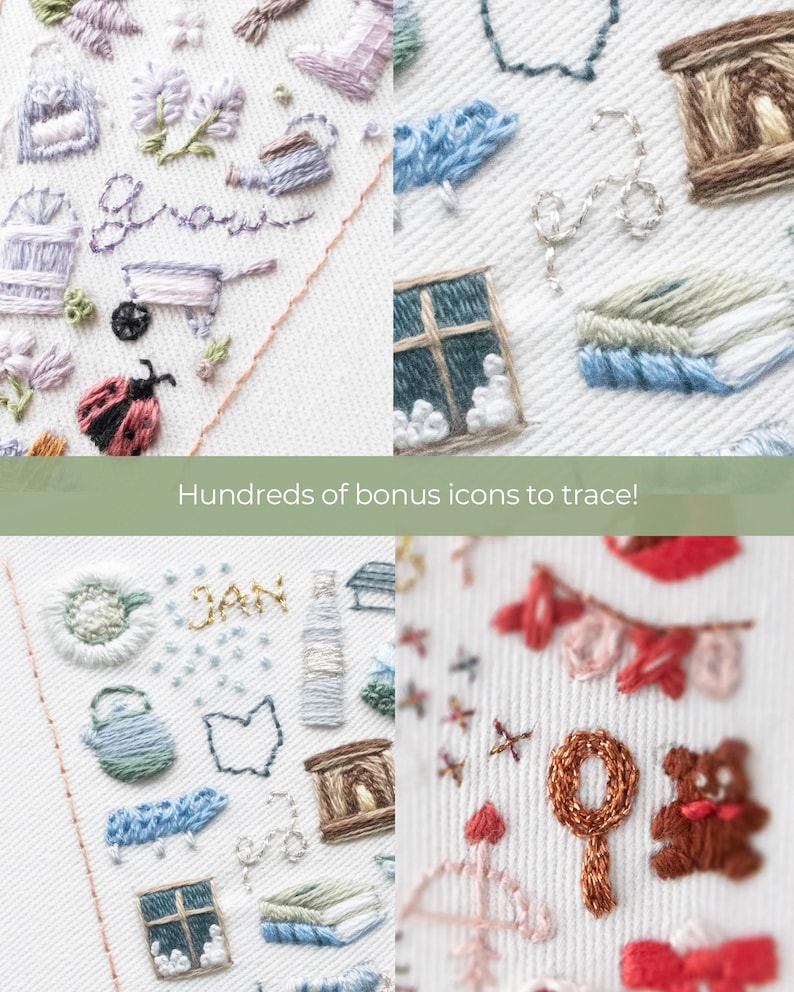 May include: A collection of embroidery patterns featuring various icons, including a ladybug, a watering can, a window, a house, a teapot, a cloud, a bottle, a fireplace, a bear, and a magnifying glass. The patterns are stitched on white fabric and are perfect for cross-stitch or embroidery projects.