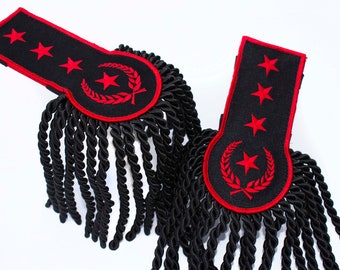 Black Red Star Long Bullion Fringe Epaulettes / Ship From the USA \ Army Badges Appliques Decorations Details Set Ringmaster Circus Costumes