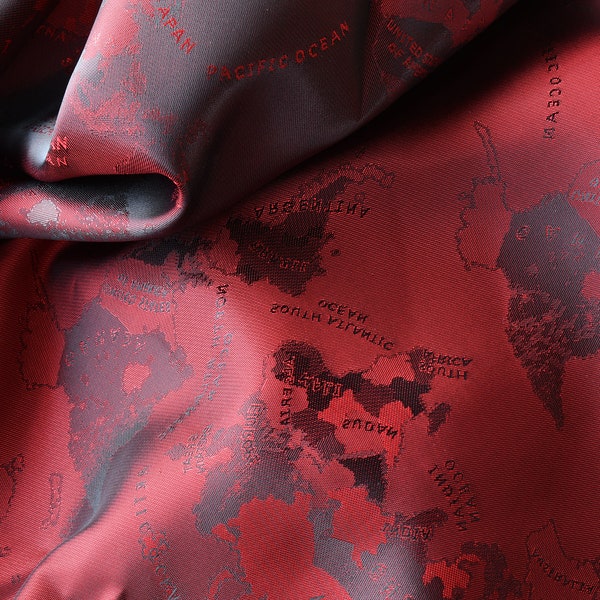 Dark Red World Map Lining Fabric Jacquard / Ships From USA Sold By Yard / Wedding Wanderlust Traveler Wall Hanging Sea Navigation Allover