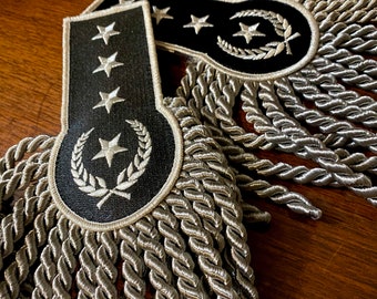 Black Silver Star Long Bullion Fringe Epaulettes / Ship From USA \ Embroidered Luxury Style Military Rank Police Officer Drag Show Costuming