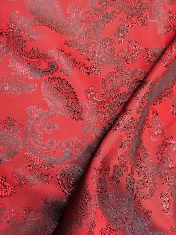 Red Black Paisley Lining Fabric Jacquard / Ships From USA Sold By Yard \ Western Bandanas Wild Rags Marvel Cosplay Burlesque Wedding Shawls