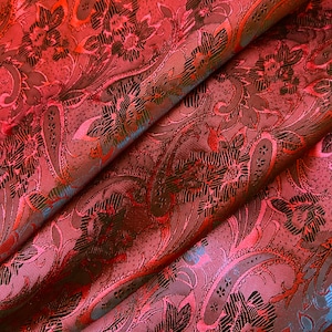 Red Black Floral Paisley Lining Fabric Jacquard / Ships From USA Sold By The Yard \ Trippy 60s Psychedelic Style Swirling Pattern Under 10
