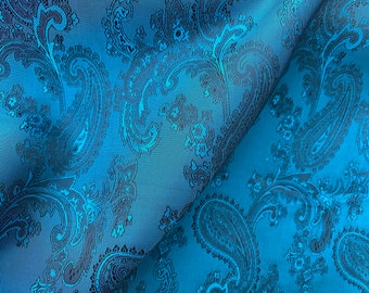 Turquoise Blue Paisley Lining Fabric Jacquard / Ships From USA Sold By The Yard \ 1960 Repeating Pattern Vintage Trippy Jeans Day Collar Tie