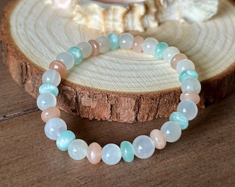 Triple Moon Goddess Stretchy Stacker Bracelet, genuine white moonstone, healing crystals, crystals for mom, mother-to-be, natural mood lift