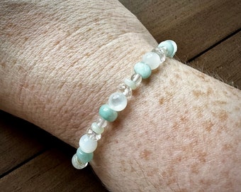 Icy: Crystal Stretchy Stacker Bracelet, garnierite green moonstone, amazonite, high quality crystals, cut faceted crystal jewelry, magic gem