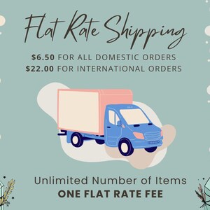 May include: A light blue delivery truck with a pink cargo box is centred on a sage green background. The text reads Flat Rate Shipping, $6.50 FOR ALL DOMESTIC ORDERS, $22.00 FOR INTERNATIONAL ORDERS, Unlimited Number of Items, ONE FLAT RATE FEE.