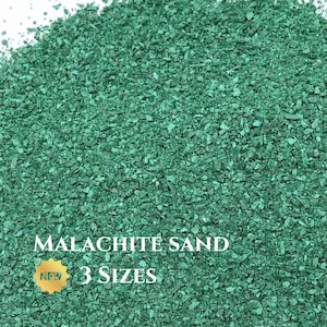 May include: Green malachite sand, a natural gemstone, in a variety of sizes. The sand is perfect for crafts, jewelry making, and home decor.  The image shows a close-up of the sand with the text "MALACHITE SAND 3 SIZES" and a "NEW" sticker.