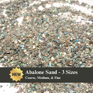 May include: Close-up of abalone sand in various sizes. The sand has a mix of neutral colors with iridescent, shimmering pieces. The image includes text that reads "Abalone Sand - 3 Sizes" and "Coarse, Medium, & Fine."
