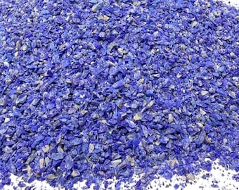 Può includere: Primo piano di un mucchio di pietre di lapislazzuli frantumate. Le pietre sono di un blu intenso, con inclusioni grigie e bianche più chiare. Le pietre sono sparse su uno sfondo bianco.