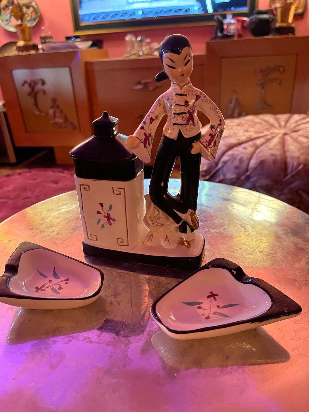 Vintage Asian Chinoiserie Smoking Set Joint Holder Ashtrays Etsy