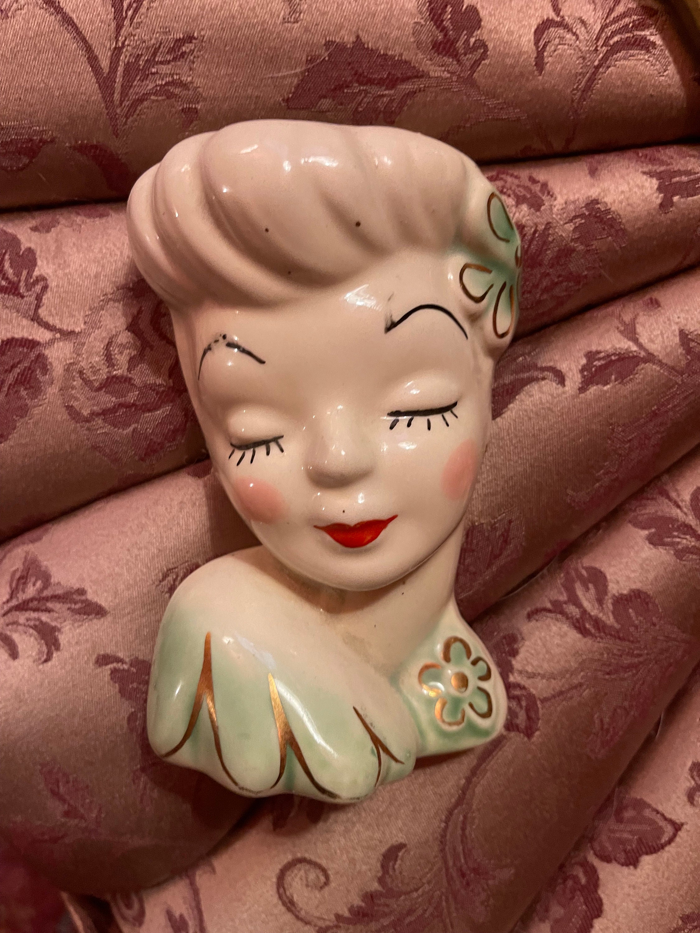 40s Glamour Girl Lady Head Wall Pocket Green Etsy