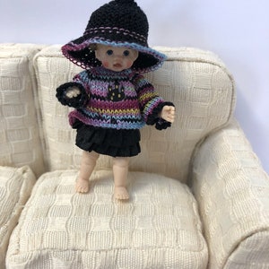 Dolls house 1.12th baby/toddler doll set - comprising of: halloween top, skirt and witches hat