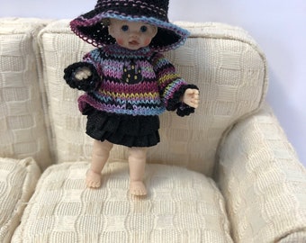 Dolls house 1.12th baby/toddler doll OOAK halloween top, skirt and witches hat
