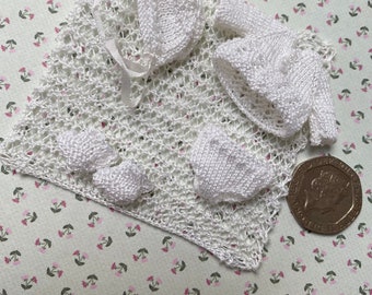 Dollshouse 1.12th baby/toddler doll vintage cardigan, knickers, booties, bonnet  and pram blanket.