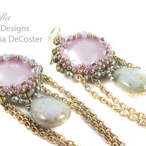 May include: A pair of dangle earrings with a pink and green beaded design, a teardrop-shaped stone, and gold chains.