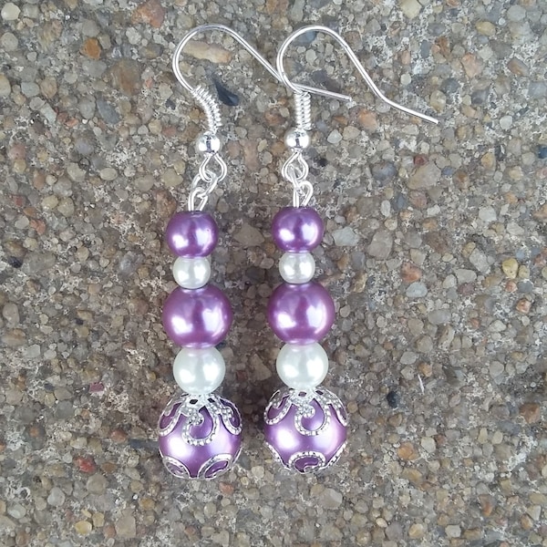 Purple Lavender & White Beaded Filigree Dangle Earrings, Purple Bead Earrings, Purple Drop Earrings, Beaded Earrings, Dangle Earrings